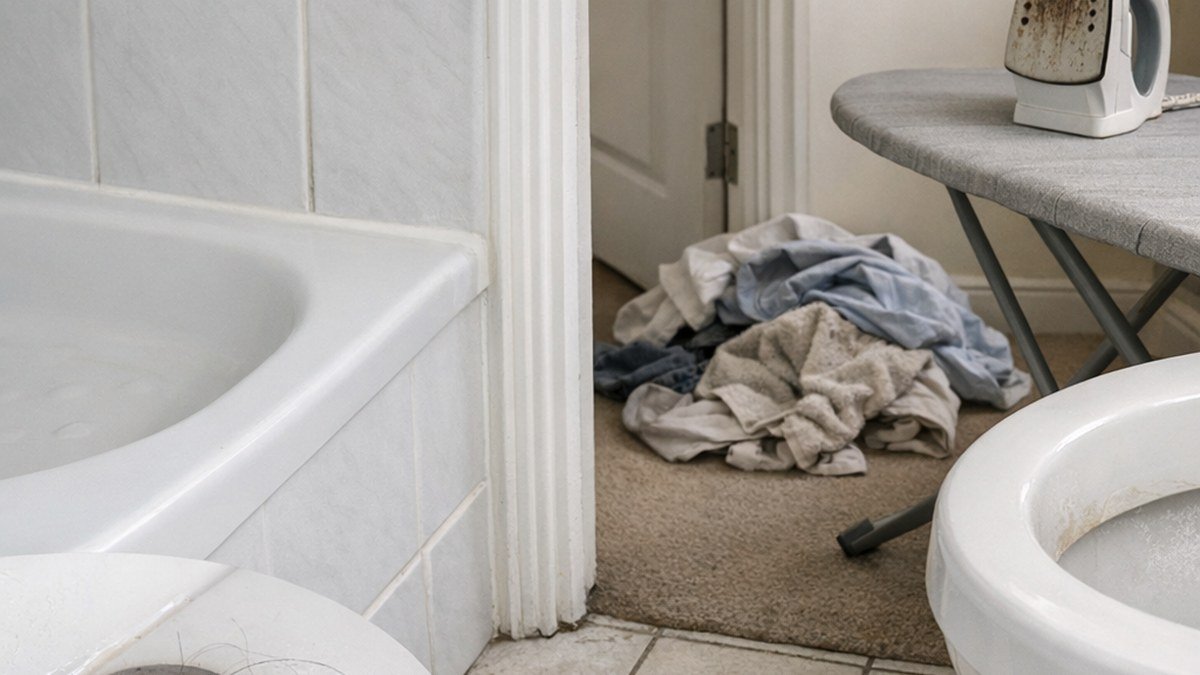 A bathroom with a bath, toilet and grubby floor tile grout, and through the doorway a pile of crumpled laundry on the floor beside an ironing board with a marked iron