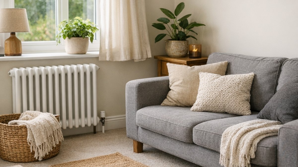 Cosy UK living room with a white radiator and a grey sofa