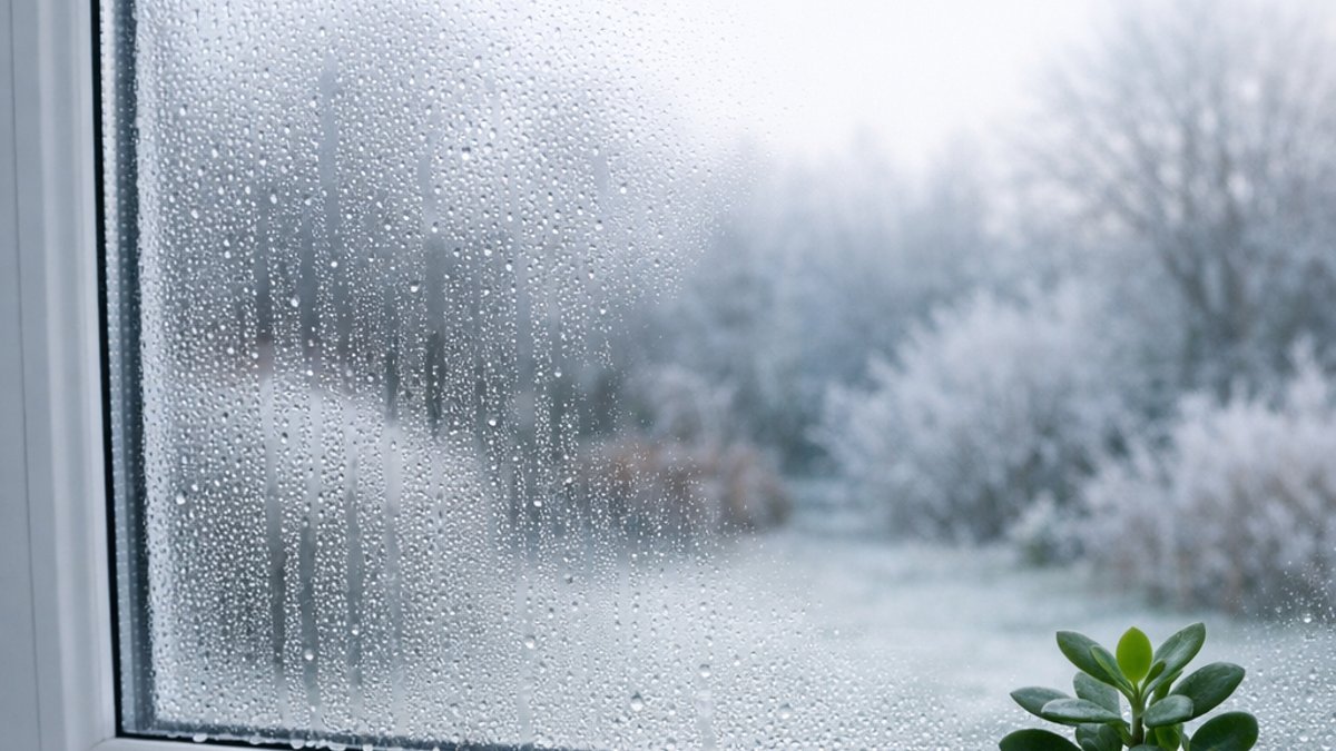 Condensation droplets on the inside of a window on a cold morning