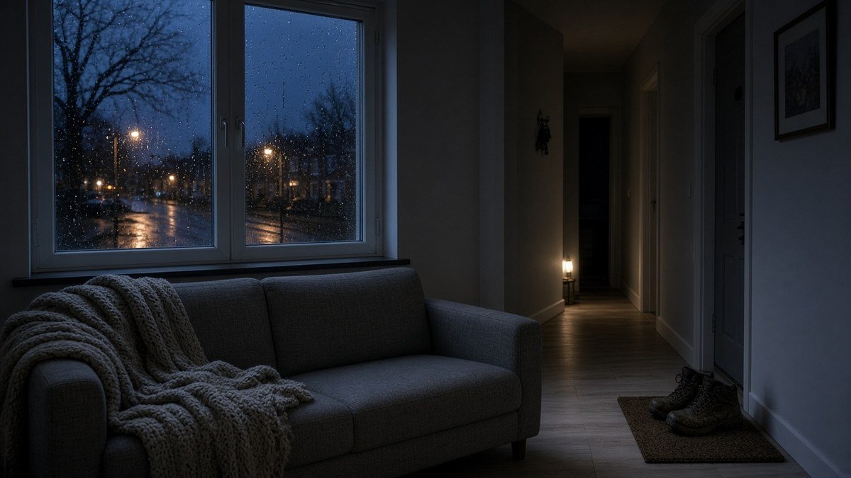 A dim UK living room on a dark, rainy autumn evening, with a grey sofa and knitted throw by a rain-streaked window, street lights outside and damp boots on a doormat in the hallway