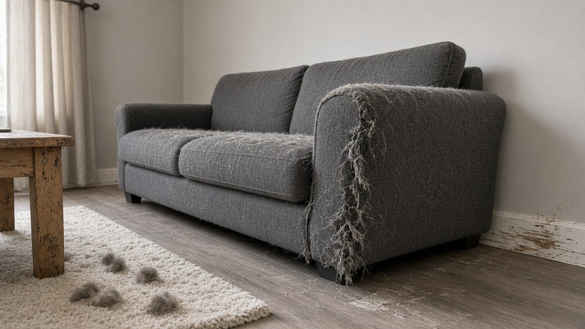 A grey fabric sofa in a UK living room covered in pet fur, with a frayed, claw-scratched arm, clumps of fur on a cream rug and a scuffed skirting board and floor