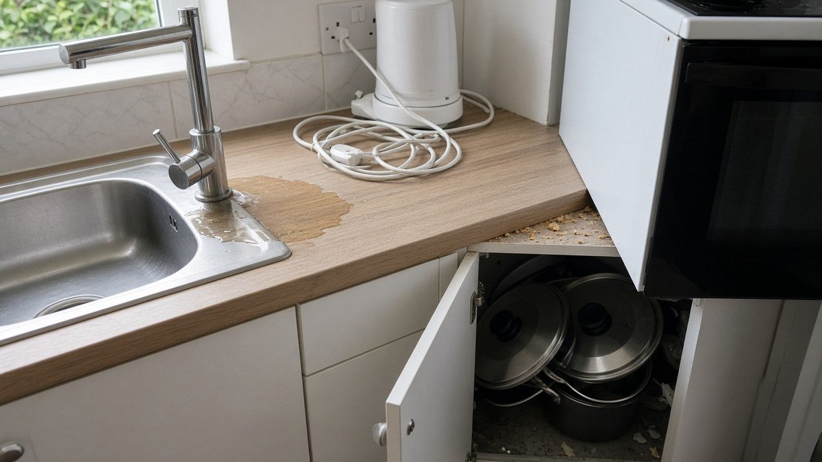 A small kitchen worktop with water pooled behind the tap, crumbs by the cooker gap, a tangled appliance cable and a cupboard of stacked pan lids