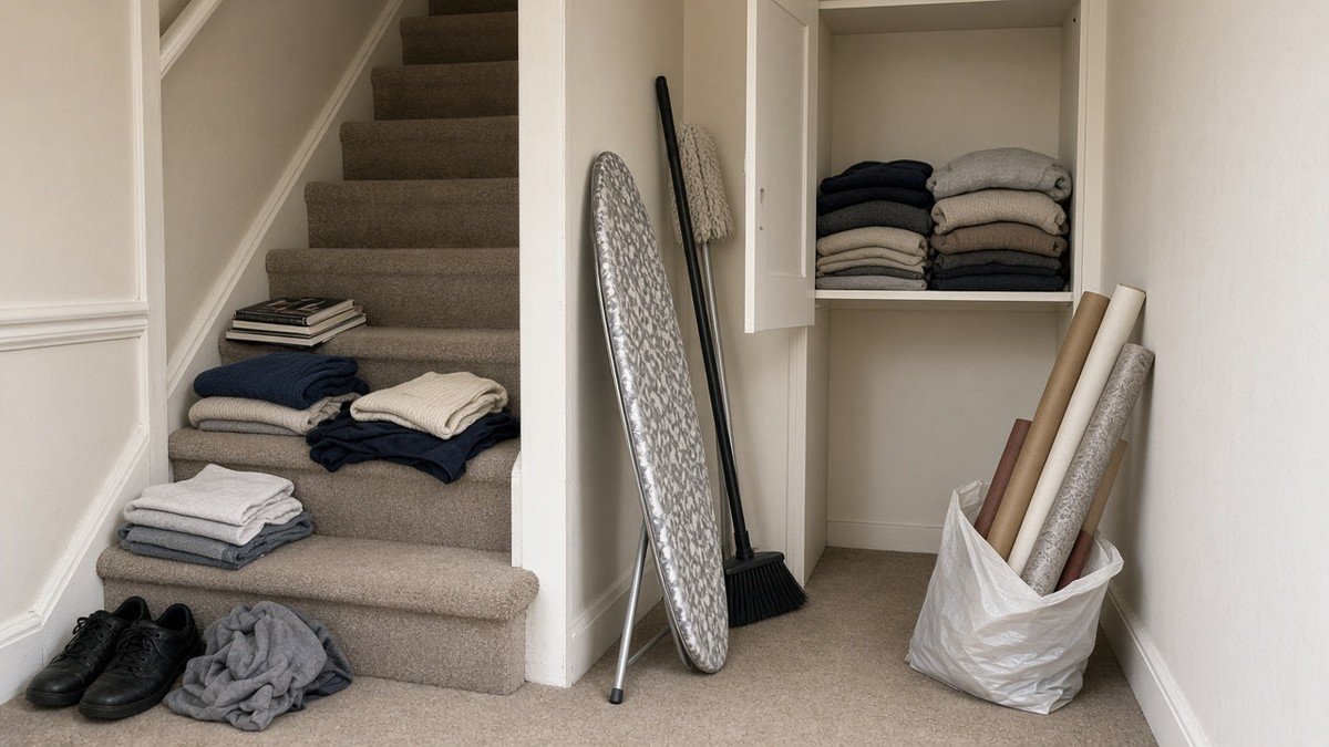 The bottom of a carpeted staircase in a small home with folded clothes, books and shoes piled on the steps, an ironing board and broom leaning against the wall, a wardrobe shelf of stacked jumpers and rolls of wrapping paper in a plastic bag