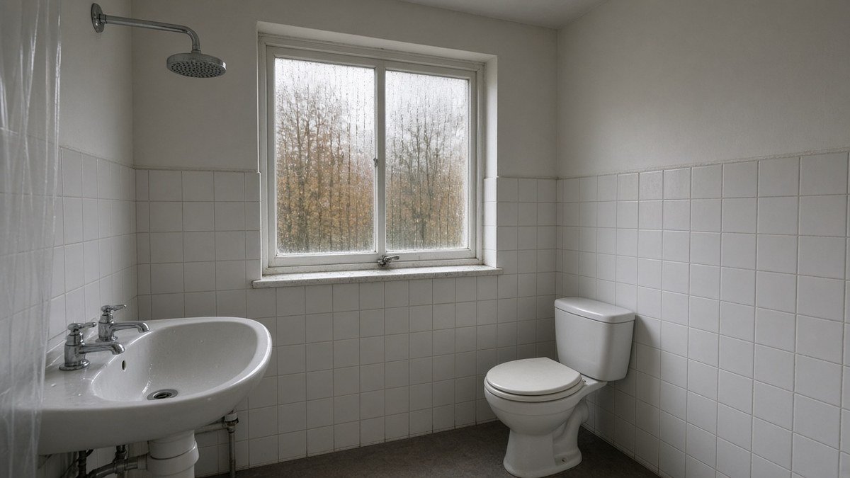 A plain white-tiled UK bathroom on a grey autumn day, with a steamed-up window, a basin with an empty plughole, a toilet and a chrome shower head, with no products shown