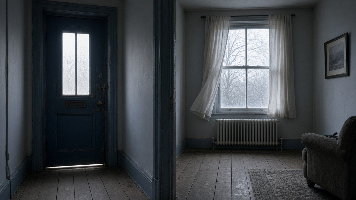 A chilly UK hallway and living room on a grey winter day, with daylight showing under the front door, thin curtains moving in a draught and a radiator under a frosty window, with no products shown
