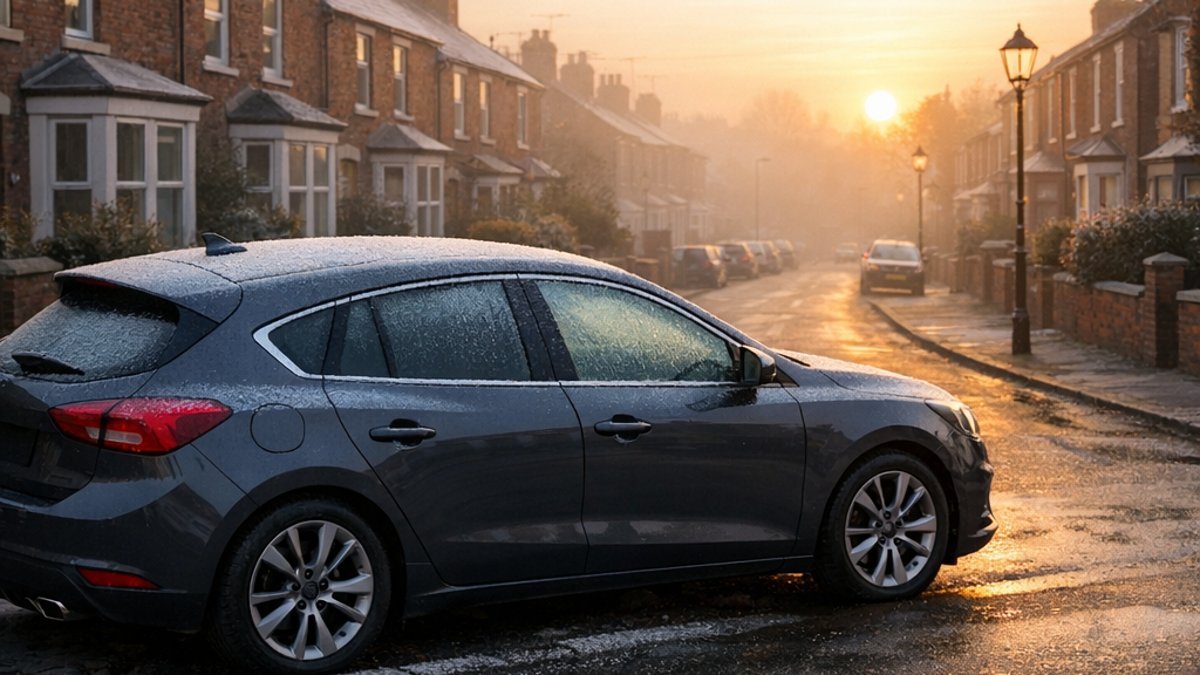 Car with a frosted windscreen parked on a UK street on a winter morning